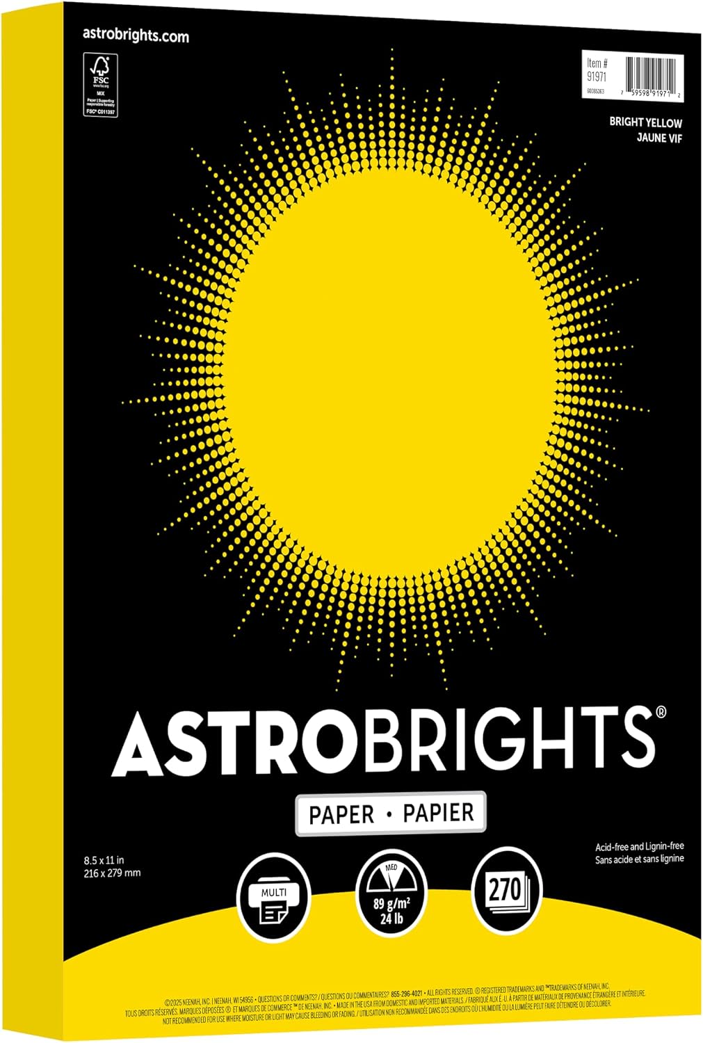 Astrobrights Colored Paper, Bright Yellow, 24 lb./89 gsm, 8.5” x 11”, 270 Sheets, Acid‑Free, Lignin‑Free, Perfect for School, Office & DIY (91971)