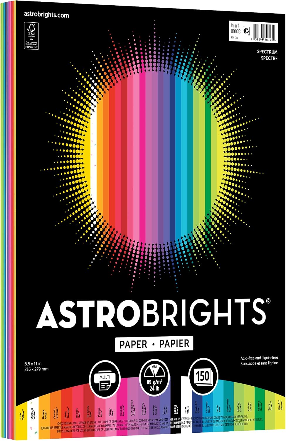 Astrobrights Colored Paper, 8.5” x 11”, 24 lb/89 gsm, Spectrum 25-Color Assortment, 150 Sheets