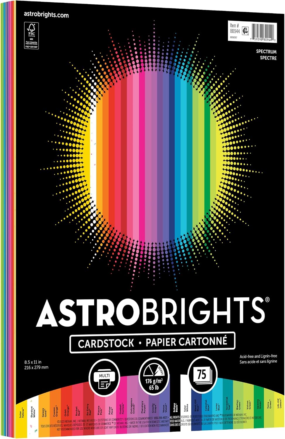 Astrobrights Colored Cardstock, 8.5” x 11”, 65 lb / 176 gsm, "Spectrum" 25-Color Assortment, 75 Sheets (80944-01) - Case