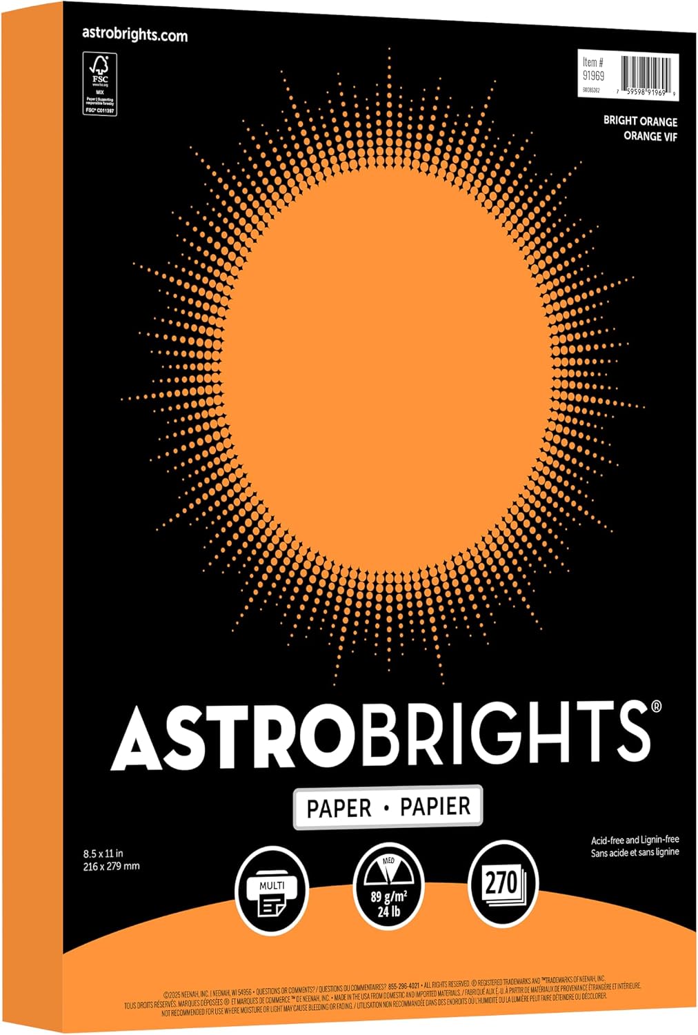 Astrobrights Colored Paper, Bright Orange, 24 lb./89 gsm, 8.5” x 11”, 270 Sheets, Acid‑Free, Lignin‑Free, Perfect for School, Office & DIY (91969)