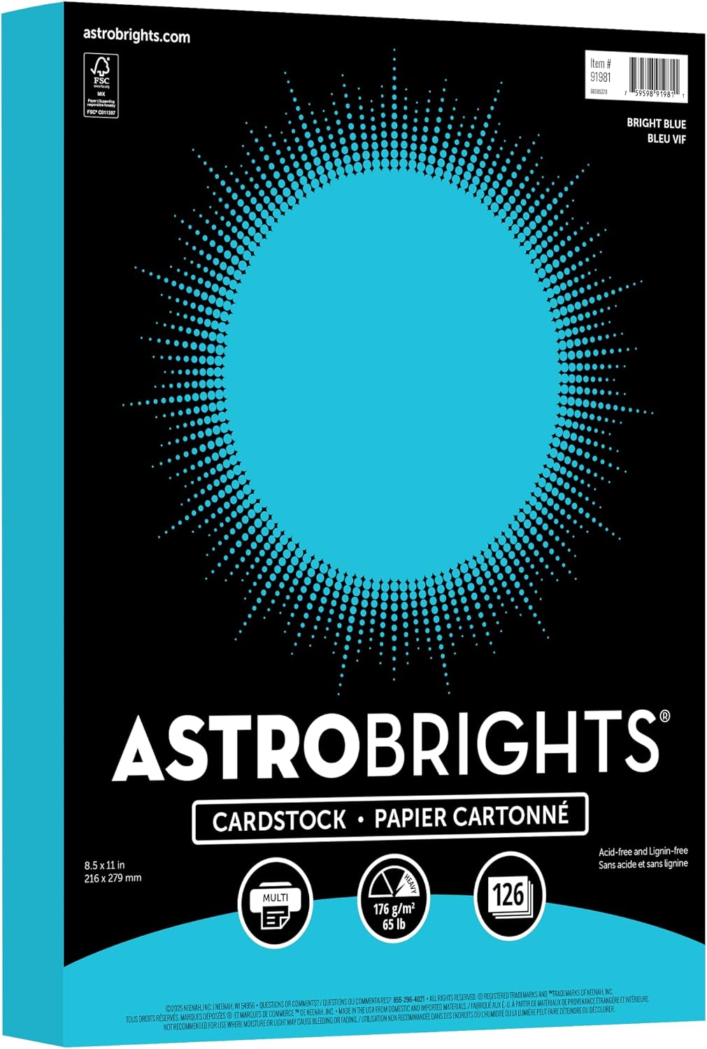 Astrobrights Colored Cardstock, Bright Blue, 65 lb./176 gsm, 8.5” x 11”, 126 Sheets, Acid‑Free, Lignin‑Free, Perfect for School, Office & DIY (91981)