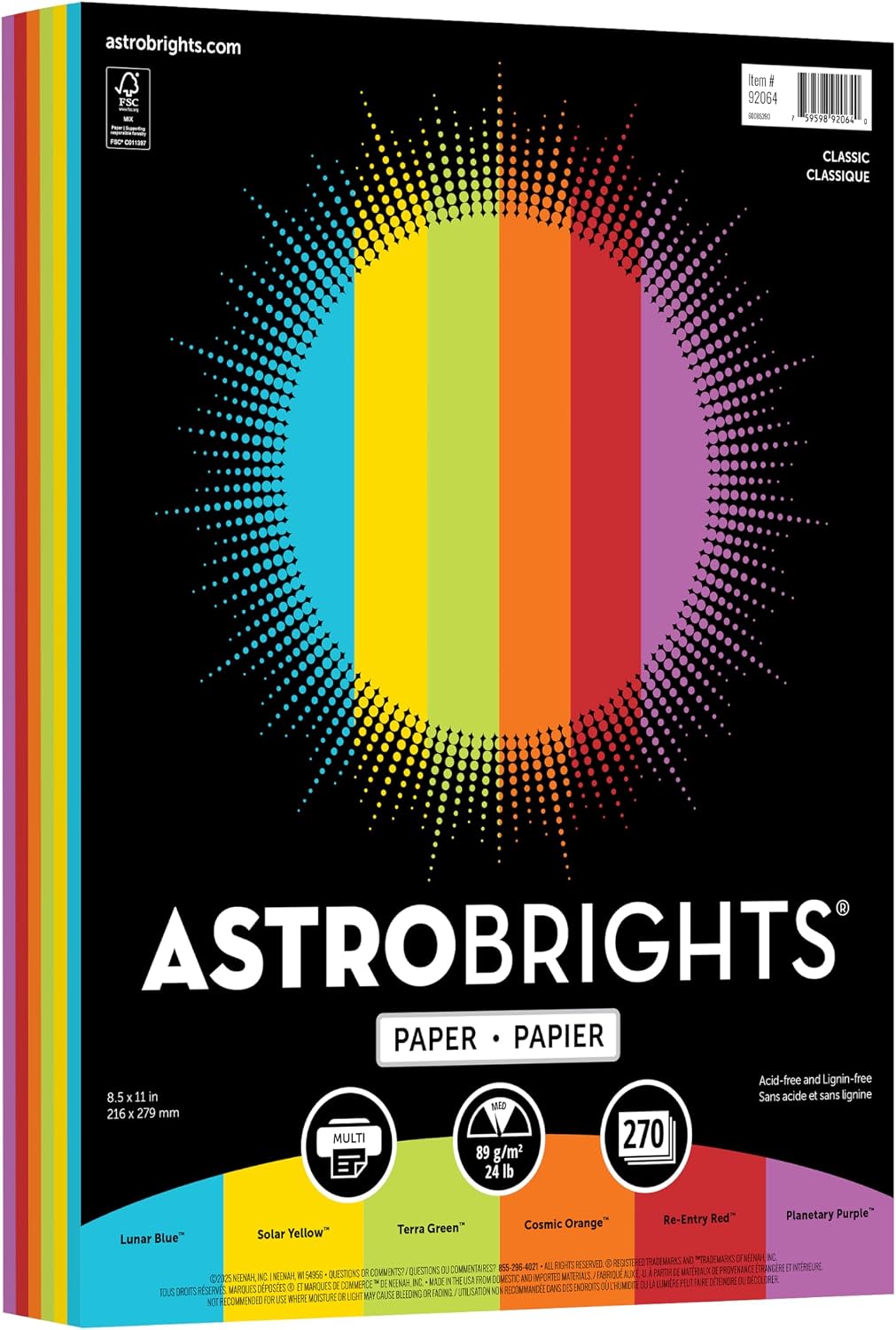 Astrobrights Colored Paper, Classic Assortment, 6-Colors, 24 lb./89 gsm, 8.5” x 11”, 270 Sheets, Acid‑Free, Lignin‑Free, Perfect for School, Office & DIY (92064)