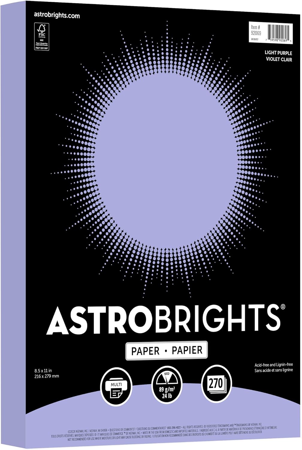 Astrobrights Pastel Colored Paper, Light Purple, 8.5" x 11", 24 lb., 270 Sheets, Paper for Crafts, Flyers, School and Office Use (92069)