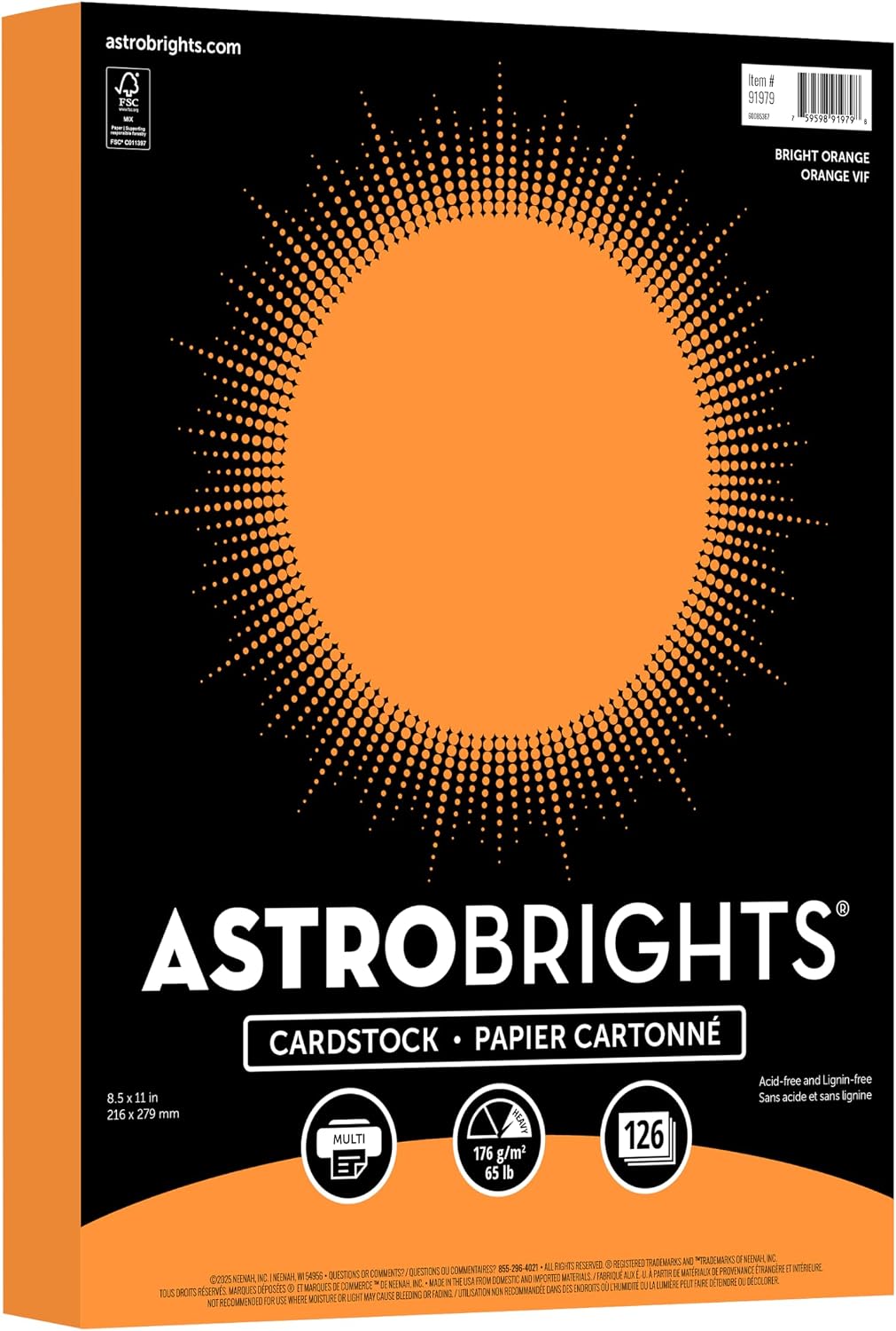 Astrobrights Colored Cardstock, Bright Orange, 65 lb./176 gsm, 8.5” x 11”, 126 Sheets, Acid‑Free, Lignin‑Free, Perfect for School, Office & DIY (91979)