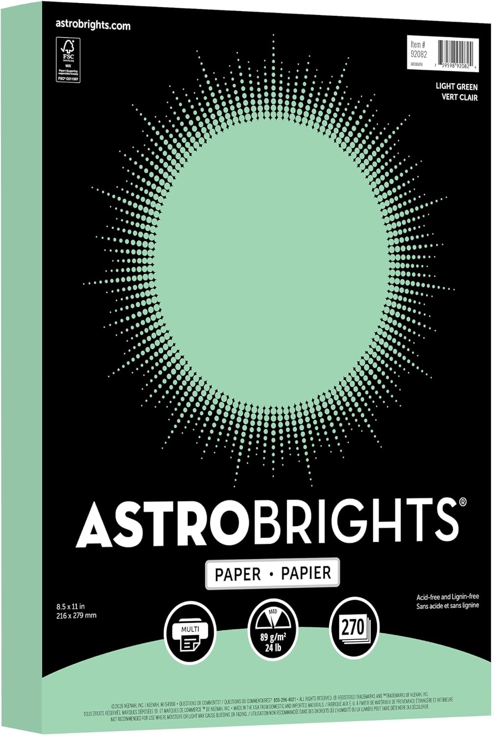 Astrobrights Pastel Colored Paper, Light Green, 8.5" x 11", 24 lb., 270 Sheets, Paper for Crafts, Flyers, School and Office Use (92082)