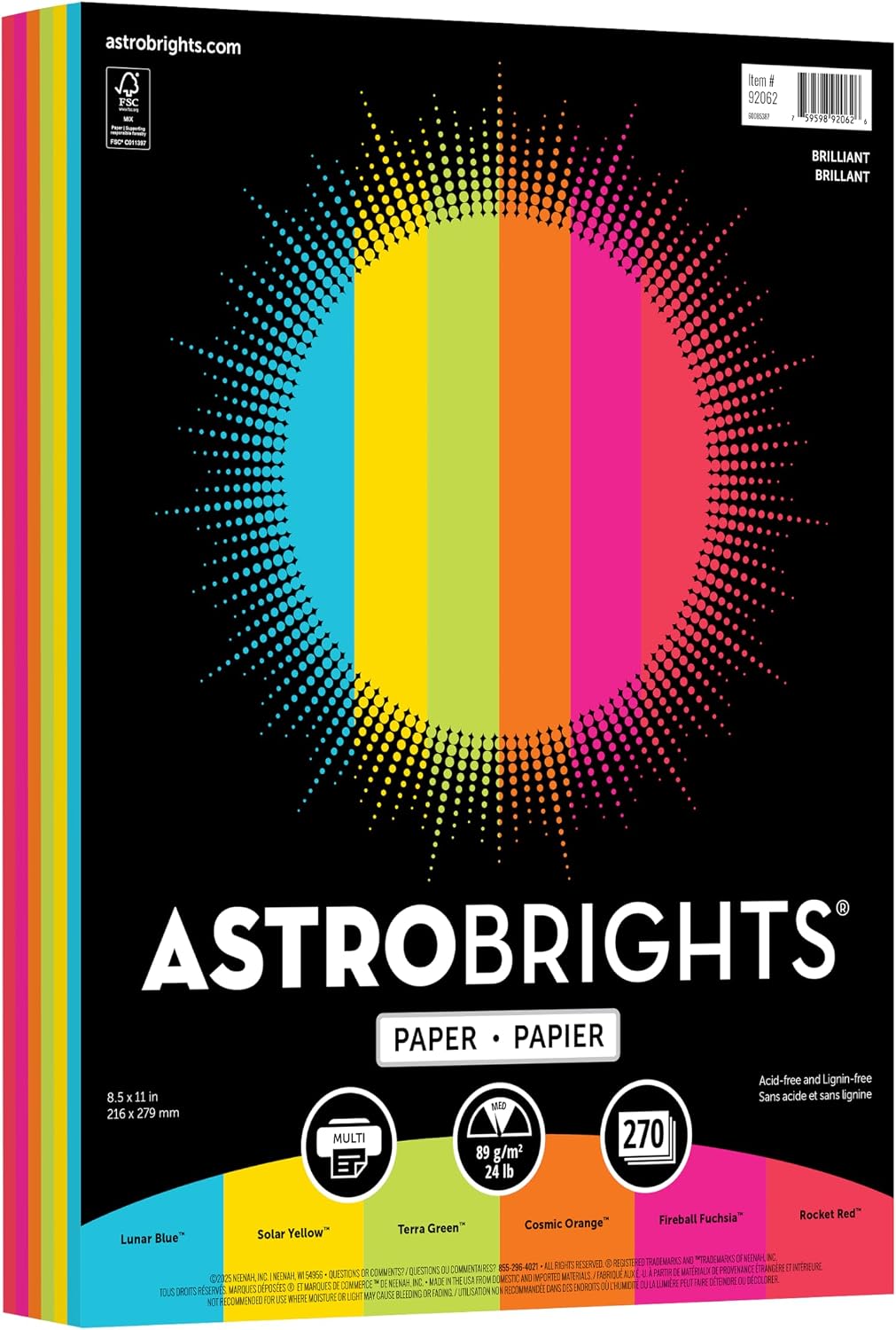 Astrobrights Colored Paper, Brilliant Assortment, 6-Colors, 24 lb./89 gsm, 8.5” x 11”, 270 Sheets, Acid‑Free, Lignin‑Free, Perfect for School, Office & DIY (92062)