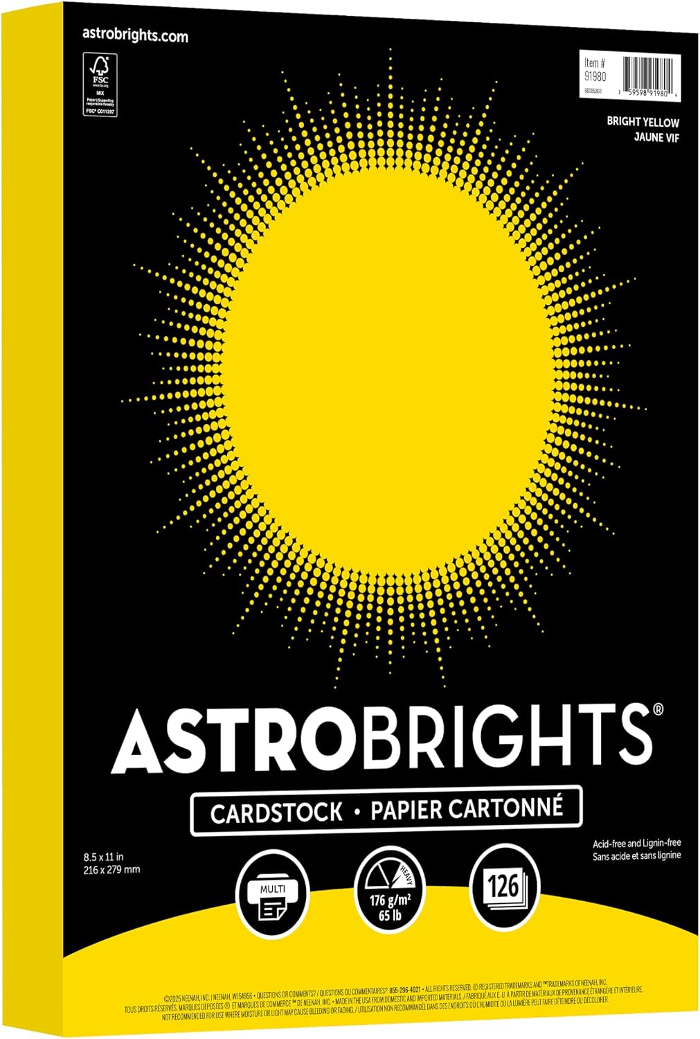 Astrobrights Colored Cardstock, Bright Yellow, 65 lb./176 gsm, 8.5” x 11”, 126 Sheets, Acid‑Free, Lignin‑Free, Perfect for School, Office & DIY (91980)