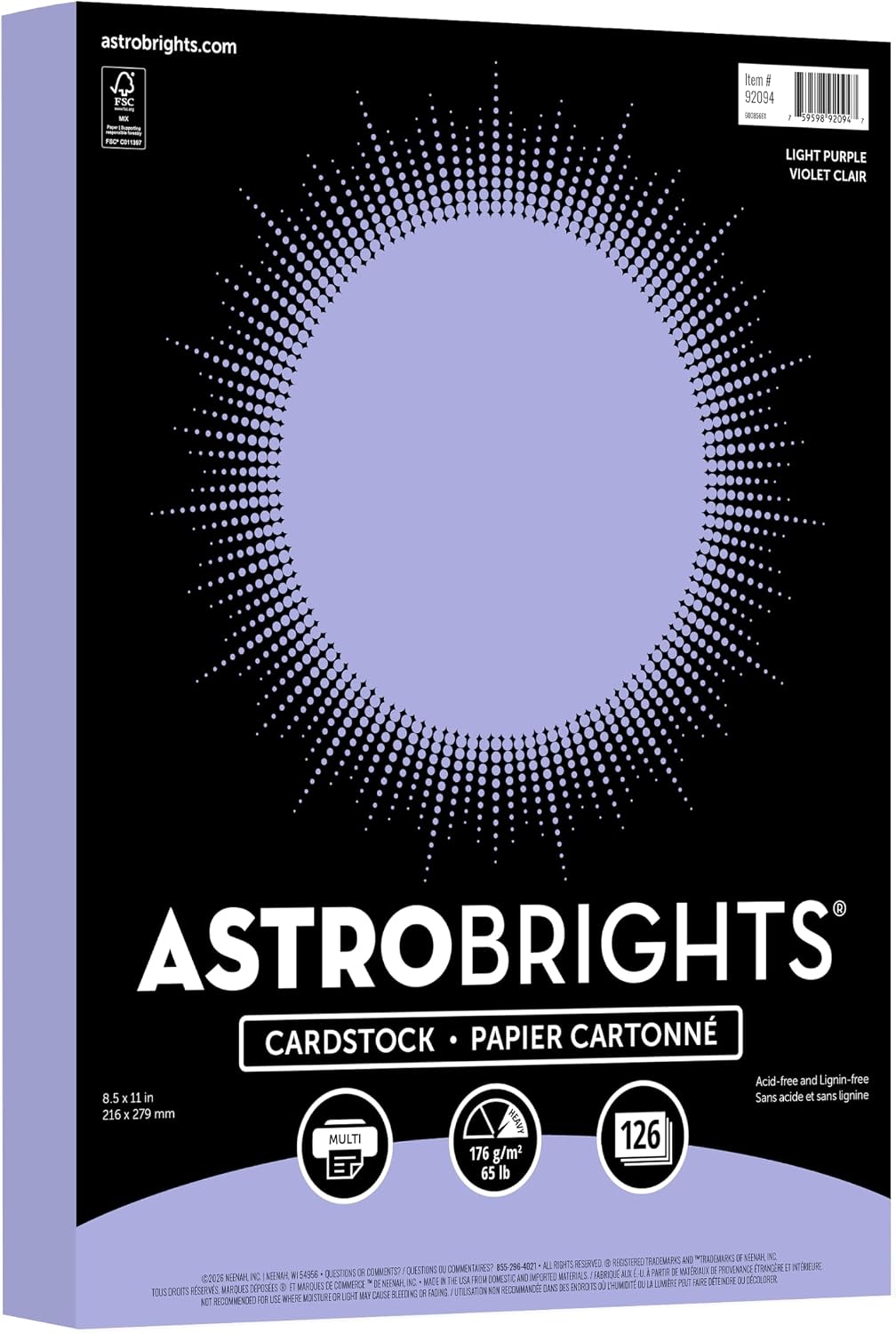 Astrobrights Pastel Cardstock, Light Purple, 8.5" x 11", 65 lb., 126 Sheets, Colored Cardstock for Crafts, Invitations and Printing (92094)