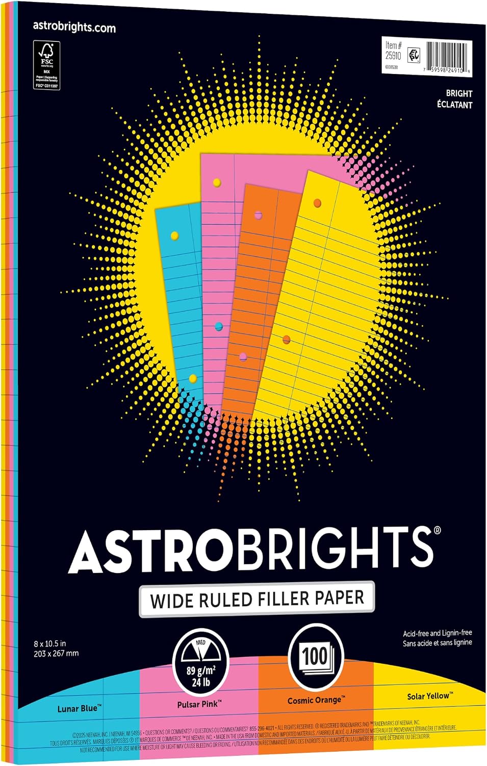 Astrobrights® Filler Paper, 8" x 10 1/2", Wide Ruled, 20 Lb, FSC® Certified, Assorted Colors, Pack Of 100 Sheets