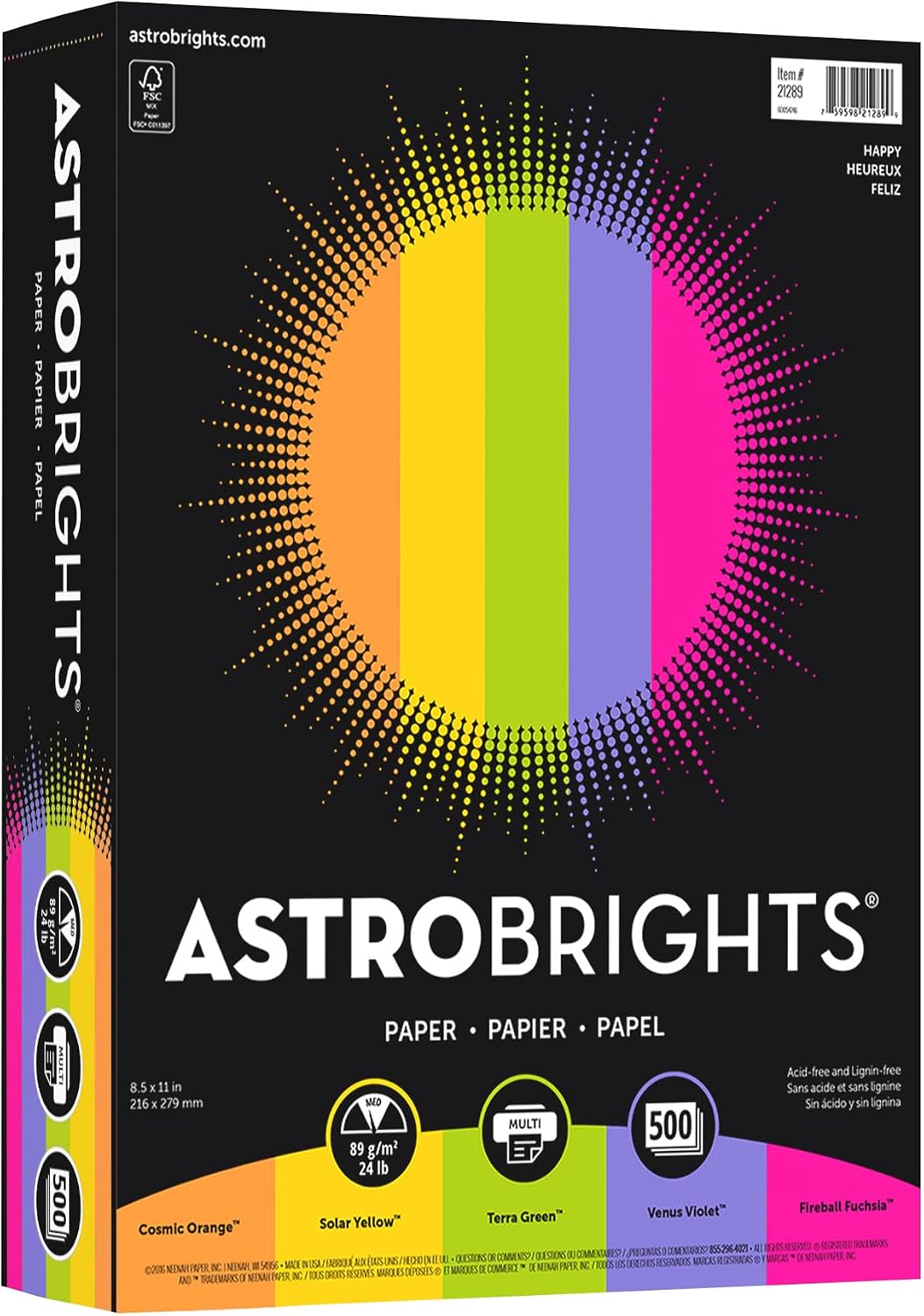 Neenah Astrobrights(R) Bright Color Paper, 8 1/2in. x 11in., 24 Lb, Assorted Colors, Ream Of 500 Sheets, 21289