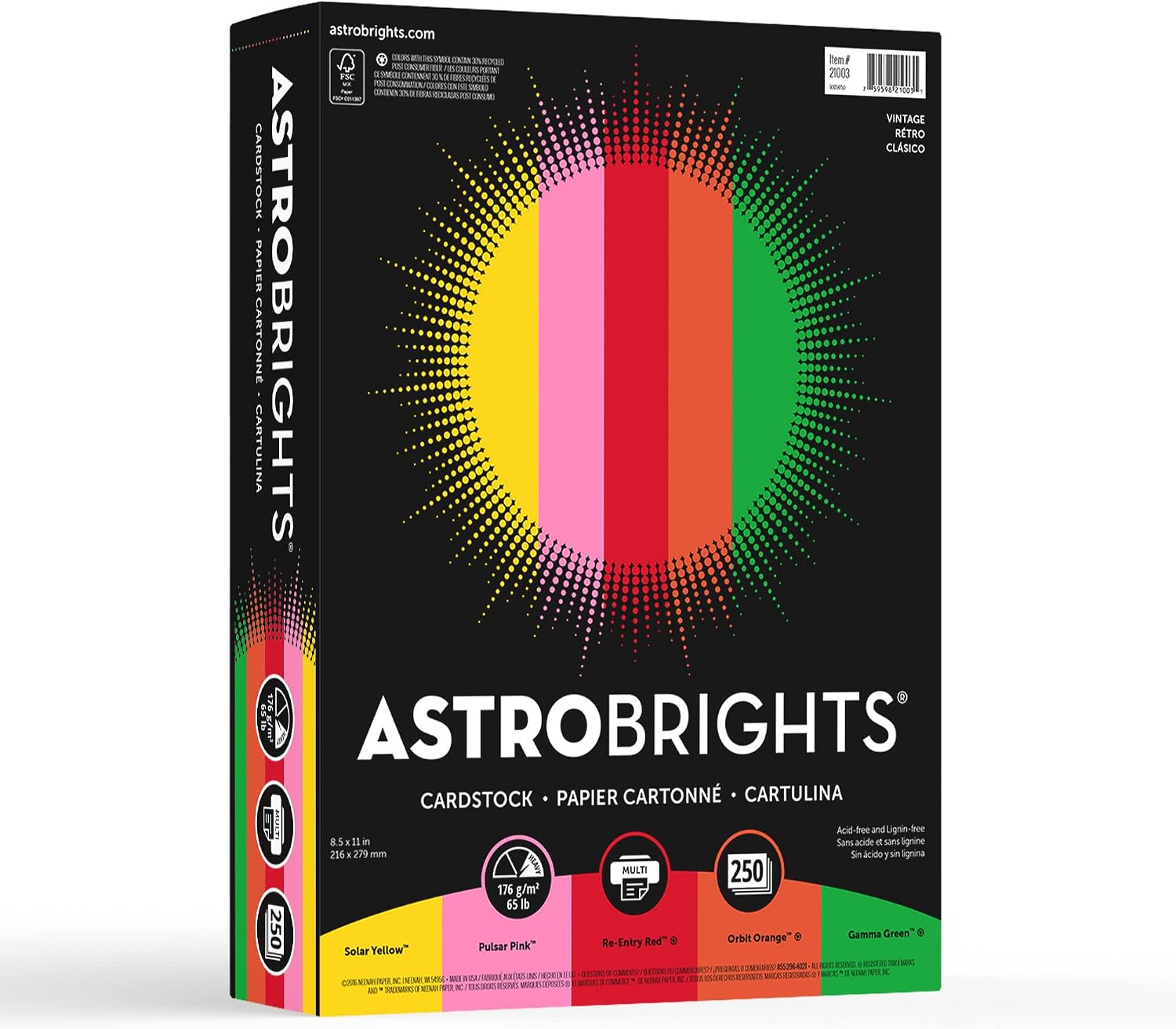 Astrobrights® Color Card Stock, 8 1/2" x 11", FSC® Certified, 65 Lb, Vintage Assortment, Pack Of 250 Sheets
