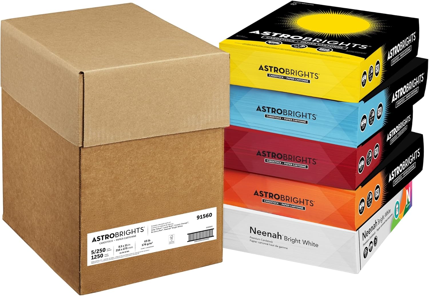 Astrobrights Mixed Carton, 8.5" x 11", 65 lb./176 gsm, 4-Colors and Bright White Cardstock, 250 Sheets Each/1,250 Sheets Total