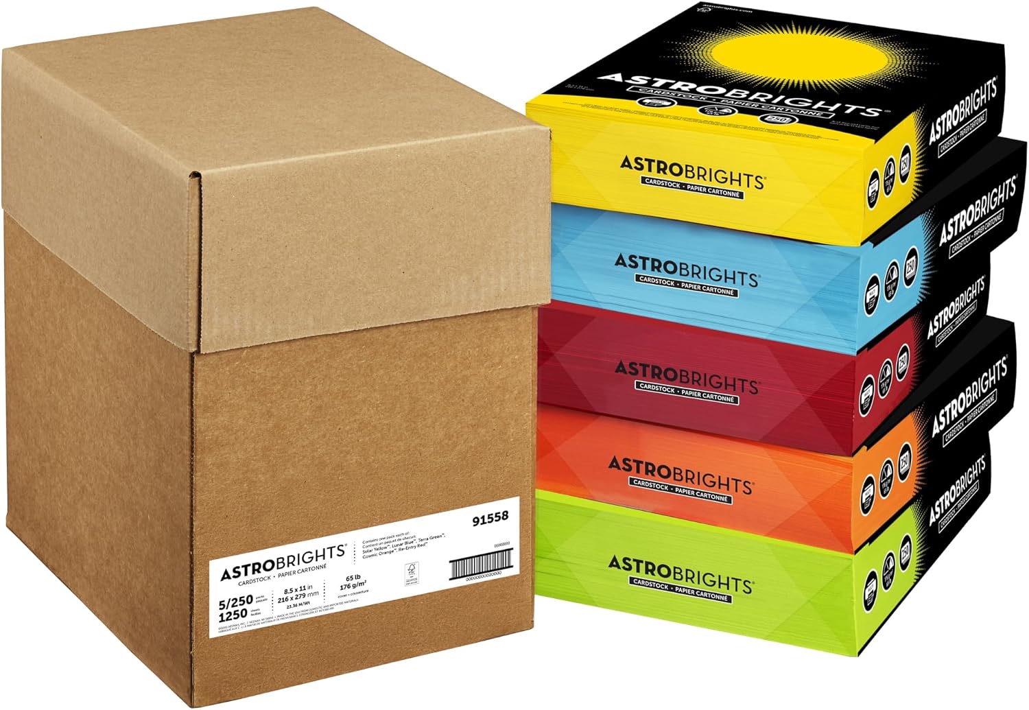 Astrobrights Mixed Carton, 8.5" x 11", 65 lb./176 gsm, 5-Colors, 250 Sheets Each/1,250 Sheets Total