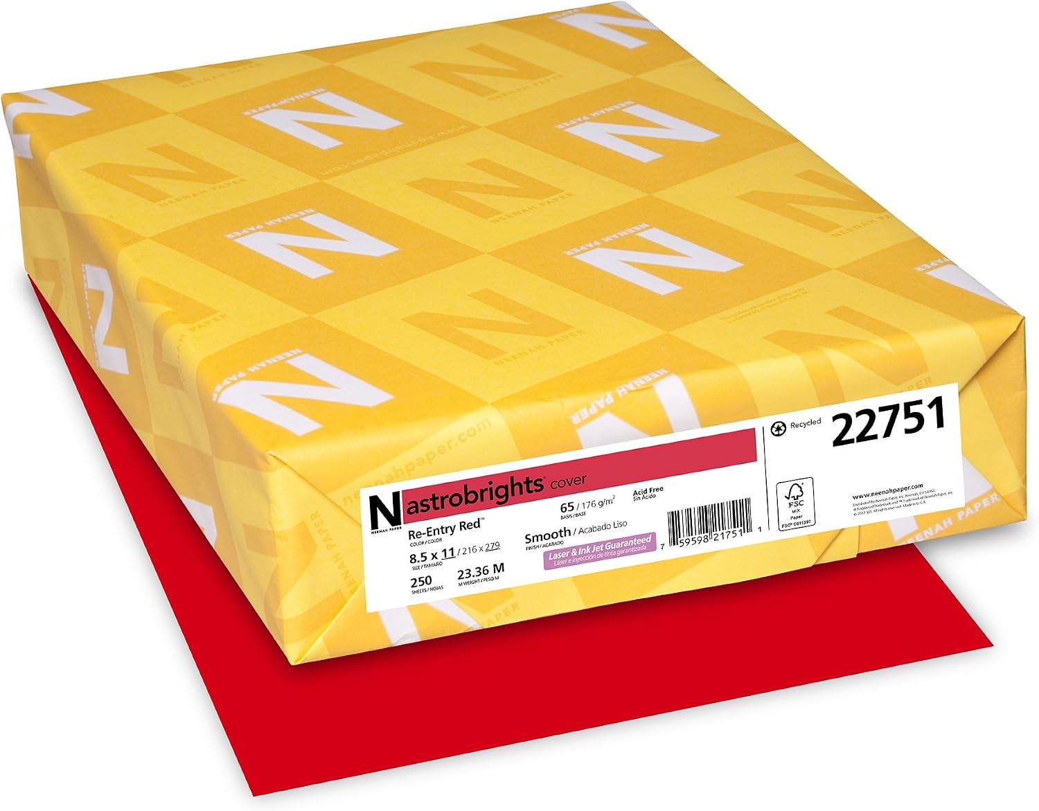 Astrobrights Colored Cardstock, 8.5"x11", 65 lb /176 gsm, Re-Entry Red, 250 Sheets (22751)